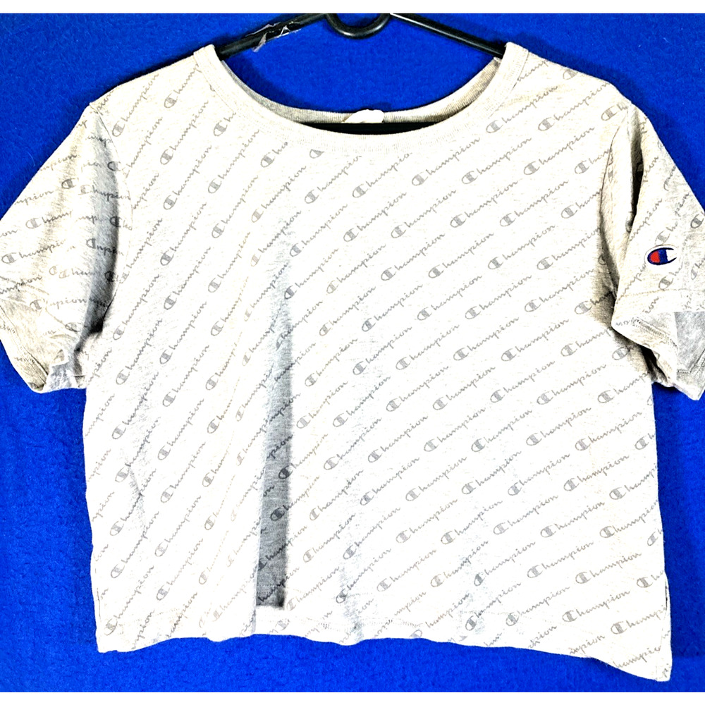 Vintage Champion Heritage Women's XL T-Shirt Gray All Over Print Crop Top Logo